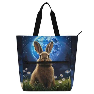 Imagem de GAIGEO Bolsas de trabalho de coelho luar para mulheres, bolsa de lona, faculdade, escola, bolsas, bolsas de tecido, para amantes de livros