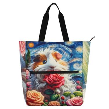 Imagem de Sacolas femininas com flor de porquinho da índia noite estrelada para trabalho bolsas de tecido de lona universitárias utilitárias para crianças bolsas para amantes de livros presentes