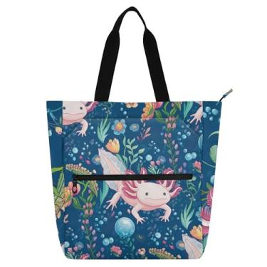 Imagem de Lindos Axolotls Floral Azul Mar Trabalho Sacola Feminina Lona Escolar Bolsa de Tecido Bolsas de Mão Livro Presente Amante de Livros