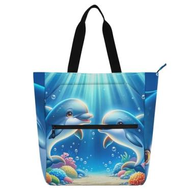 Imagem de Lindos golfinhos animais marinhos bolsas de trabalho para mulheres, bolsa de lona com zíper, bolsa de praia, bolsas médias, presente para amantes de livros