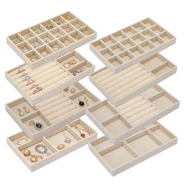 Imagem de SIBAO Pacote com 8 bandejas de joias de veludo para gaveta, organizador empilhável de joias, bandeja de exibição de caixas de veludo de 21 x 12,7 cm para colar, pulseira, brincos, anéis