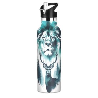 Imagem de Joisal Garrafas de água legais para meninas com impressão de veado de leão com tampa de palha, garrafa de água de aço inoxidável isolada, livre de BPA, copos infantis à prova de vazamento para escola