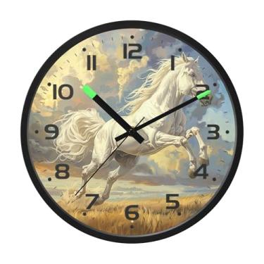 Imagem de SEHANY Relógio de parede artístico majestoso cavalos silencioso, sem tique-taque, relógio redondo operado por bateria, controle de som, luz noturna, relógios de parede para sala de estar, cozinha