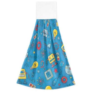 Imagem de Joisal Toalhas de cozinha de mão de robôs azuis de desenho animado com laço para pendurar, toalhas de chá de forno, conjunto de 2 toalhas de chá macias e absorventes fofas, decoração de banheiro, 46 x