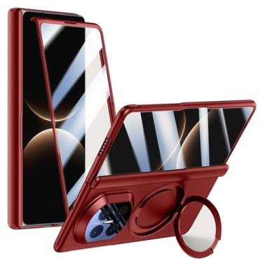 Imagem de POYUFRG Capa magnética para Huawei Mate X7, tela de vidro temperado, proteção de dobradiça, capa fosca com suporte de anel giratório, vermelho, Mate X7