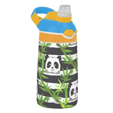 Imagem de Garrafa de água infantil Tritan de 473 ml à prova de vazamento, garrafa de água esportiva de 473 ml com canudo reutilizável copo de viagem para crianças, alça de transporte, urso panda verde listrado