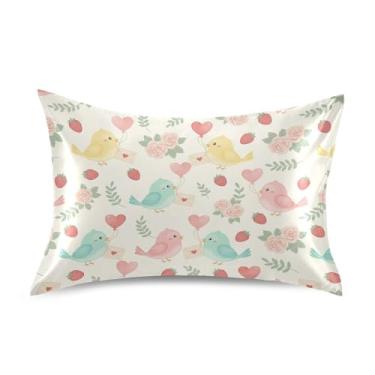 Imagem de Wassud Lovebirds Capa de almofada de cetim para cabelo e pele com corações e dia dos namorados, capas de almofada respiráveis tamanho queen com fecho de envelope