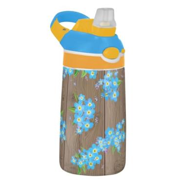 Imagem de Blue Flowers Garrafa de água esportiva infantil com listras marrons para escola, 473 ml, 473 ml, garrafa de água Tritan com canudo, copos de viagem reutilizáveis para crianças, portátil, alça de