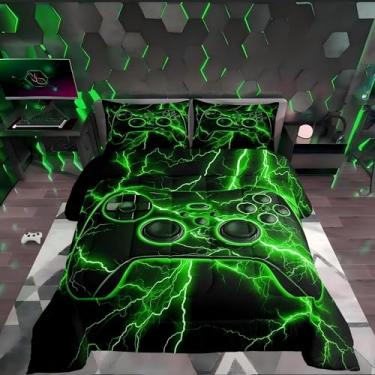Imagem de Erosebridal Jogo de cama casal, console de videogame, verde, relâmpago, decoração de quarto de meninos