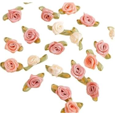Imagem de 100 peças de mini rosas multicoloridas de 15 mm, laços de fita de cetim, apliques, acessórios de artesanato, decoração de presente de noiva, fitas de tecido, mini rosas para artesanato