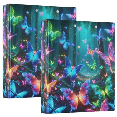 Imagem de Pastas mágicas neon brilhantes borboletas de 3,8 cm com 3 anéis para guardar 200 folhas, pastas de caderno de animais fofos, fichário de receitas de anel redondo, 31,5 x 27 x 6 cm, pacote com 2