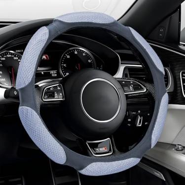 Imagem de Ongfuwu Capa de volante de carro, protetor de couro antiderrapante universal para 38 cm, com almofada de mão macia, respirável e confortável, acessórios internos para carros (cinza)