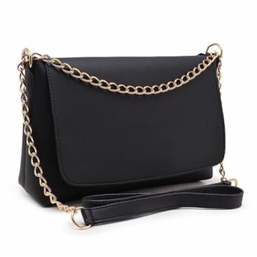 Imagem de Bolsa Transversal Feminina Elegante, Couro Sintético Preto, Alça de Corrente Dourada, Estilo Clássico (preto)