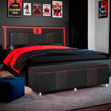 Imagem de Kit Quarto Gamer Baú e Painel Fighter USB 160cm Cama Queen