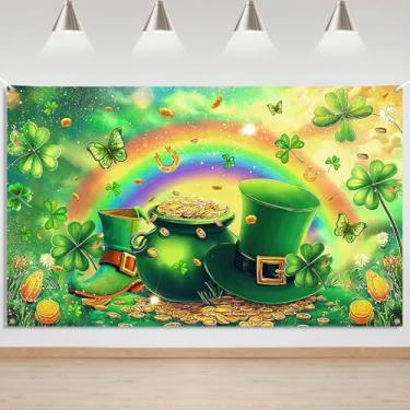 Imagem de Mocsicka Banner Happy St Patricks Day Banner Backdrop Irish Clover Rainbow Holiday Party Decorações de Fundo Dia de São Patrício Trevos Moedas de Ouro Banner Photo Booth Adereços (1,8 x 1,1 m)