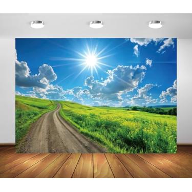 Imagem de Pano de fundo de primavera, 3 x 2,4 m, tecido de poliéster, montanhas verdes, prado, céu azul, nuvens brancas, campo, estrada, cenário natural, cenário natural, trilhas, acampamento, festa, decoração