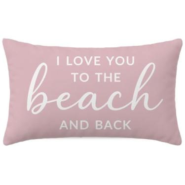 Imagem de HERHOME Capa de almofada decorativa rosa, 12 x 20 polegadas I Love You to The Beach and Back Capa de almofada lombar para decoração romântica de quarto, presente de São Valentim ou Dia das Mães