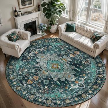Imagem de Ciicool Boho Tapete de área lavável 2,4 x 2,4 m redondo tapete de quarto antiderrapante oriental tapete de piso de pelo baixo para sala de jantar, sala de estar