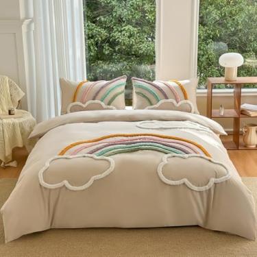 Imagem de MEILA Conjunto de capa de edredom de microfibra lavada, tamanho Queen, design de arco-íris adornado, conjunto de cama de 3 peças, bordado texturizado boêmio macio com zíper e laços de canto, 228 cm x