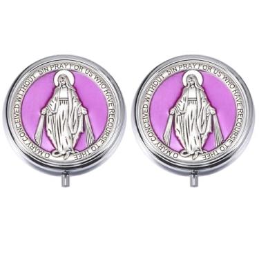 Imagem de Weyuley 2 caixas de joias religiosas da Virgem Maria, adequada para guardar contas de rosário, pequenos acessórios e lembranças ao receber a primeira comunhão. (roxo)