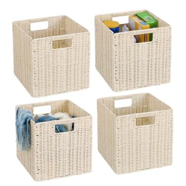 Imagem de TAIMEI&G02 Cestas de vime de plástico de 26,66 x 26,6 cm para armazenamento de cubos, conjunto de 4 cestas quadradas de vime dobráveis, cubos de armazenamento de vime, cestas quadradas para