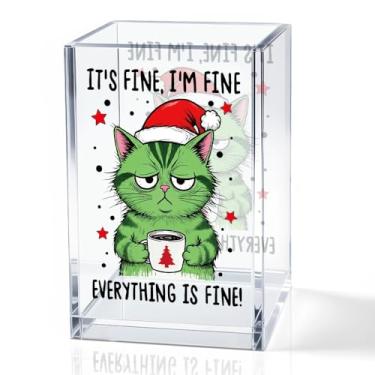 Imagem de QYUVK It's Fine I'm Fine Everything Is Acrylic Makeup Brush Porta-lápis, Porta-canetas engraçadas para gatos, presentes para amigas, enfermeiras, presentes de escritório de Natal para mulheres