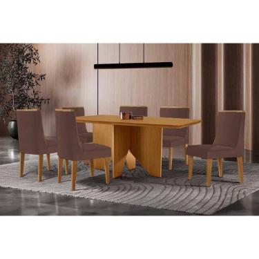 Imagem de Sala Jantar Mesa Nevada Tampo Curvo 180cm+6 Cadeiras Dakota Madeira Naturale - Capuccino/Corano Capuccino - Rufato
