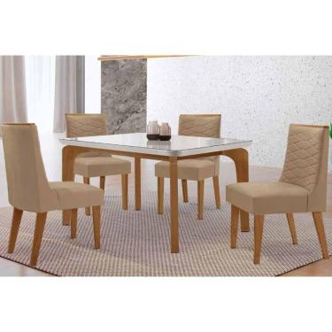 Imagem de Sala Jantar Mesa Londrina Tampo c/ Vidro Curvo 120cm 4 Cadeiras Maldivas Madeira Naturale/Off White - Capuccino/Linho Capuccino - Rufato
