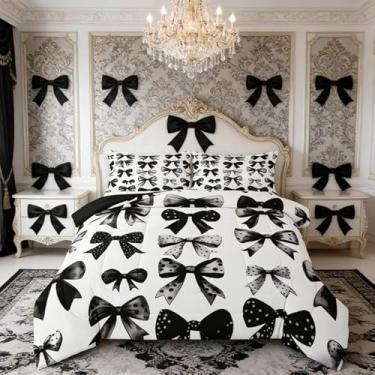 Imagem de Erosebridal Jogo de cama Queen com laço, preto e branco, gravata borboleta preta, aquarela, edredom com laço e enchimento, 3 peças