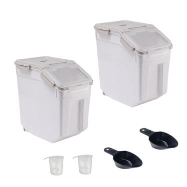 Imagem de MXCELL Pacote Com 2 Dispensadores De Arroz 50 Lb, Grande Suporte Hermético Para Farinha, Recipiente Armazenamento Ração Cães 25 Plástico Grãos Colher E Copo Medidor Bancada Despensa Cozinha (Cinza)