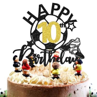 Imagem de Topo de bolo de futebol feliz 10º aniversário, brinquedos para jogadores de futebol/decorações de bolo de festa com tema de futebol de 10 anos, suprimentos de decoração de festa para meninos e meninas