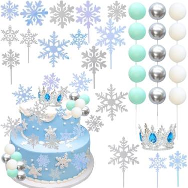 Imagem de Ephlyn Bolas de floco de neve, topos de bolo, bola de espuma congelada, decoração de bolo, tiara coroa, decoração de aniversário para aniversário, artigos de festa boho