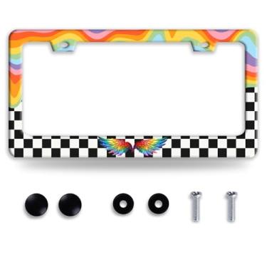 Imagem de Arco-íris hippie com moldura de placa de licença xadrez cinza branco aço inoxidável colorido suporte de placa de carro peças decorativas personalizadas para veículos padrão dos EUA Canadá 12,3 x 6,3