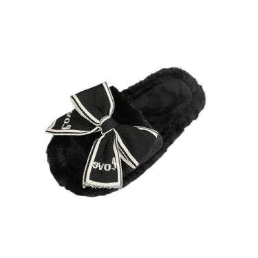 Imagem de Pantufas femininas casuais de bico aberto plus size com laço liso e peludo sandálias quentes outono inverno, Preto, 34