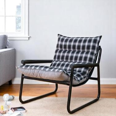 Imagem de LTTROMAT Cadeira de destaque, cadeira de braço confortável com almofada de linho e veludo, cadeira de leitura moderna de meados do século com apoio de braço de metal, cadeira aconchegante para quarto,