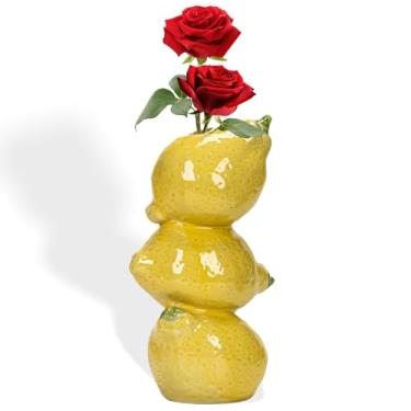 Imagem de Vaso de cerâmica limão amarelo de 20 cm – Vaso de flores de mesa estilo mediterrâneo com design de limão 3D, decoração decorativa de casa e cozinha para flores frescas, arranjos secos e vegetação