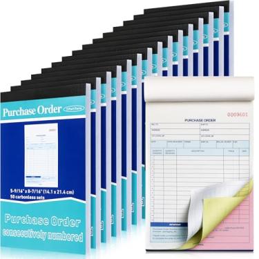 Imagem de Lincia Pacote com 15 formulários de pedido de compra sem carbono em 3 partes para pequenas empresas com capa de cópias de carbono, conjunto de 50 por livro, 21 x 14 cm
