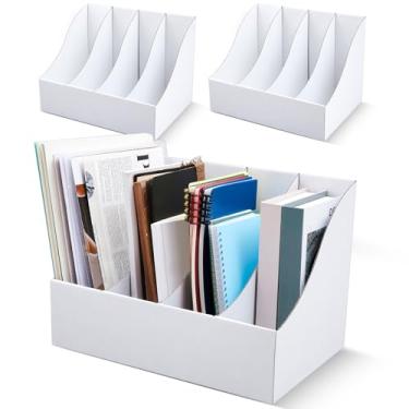 Imagem de Fiwochic Pacote com 3 porta-arquivos de papelão 27 x 26 x 35 cm, caixa de armazenamento de documentos de revista vertical de quatro grades para prateleiras de mesa, escritório em casa (branco)