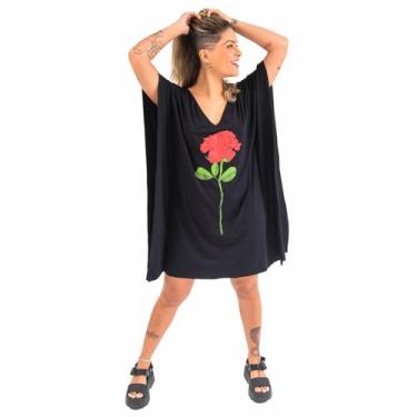 Imagem de Vestido Kaftan Gola V Estampado Flor Rosa Feminino - Deliriyou, GG, Pr