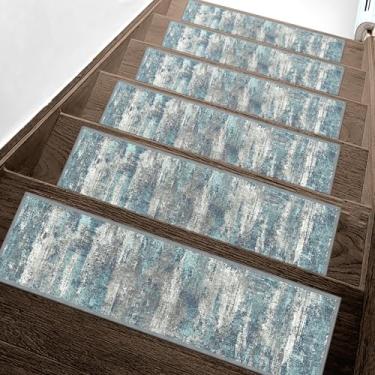 Imagem de Tapete abstrato azul cinza bloco de escadas antiderrapante azul-petróleo 20 x 76 cm corredor de escada de borda para degraus de madeira internos, tapetes de escada resistentes tapete livre de resíduos