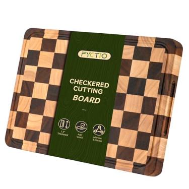 Imagem de FYCTIO Tábuas de corte para cozinha, tábua grande de madeira de acácia, tábua de corte quadriculada grossa com ranhuras e alças de suco, bloco de açougueiro com caixa de presente, 41 x 28 x 3,6 cm