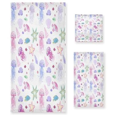 Imagem de xigua Lindo conjunto de toalhas de banheiro água-viva absorvente macio 3 peças toalha de banho toalha de mão toalhas decorativas para banheiro, academia, hotel, praia, piscina