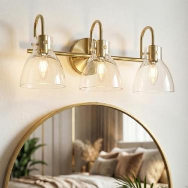 Imagem de Beionxii Luminária para banheiro, 3 luminárias douradas claras para banheiro com sombra de vidro transparente, luzes modernas para espelho de sala de estar, BX-VL02BG-3CG