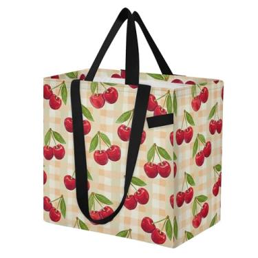 Imagem de SEHANY Sacola de compras reutilizável de cereja fofa com alças reforçadas, bolsa de compras de lona dobrável à prova d'água de grande capacidade para viagem, cozinha, praia