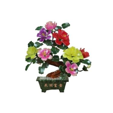 Imagem de Bonsai artificial árvore jade peônia ornamento bonsai, vaso esculpido feito à mão, decoração de armário de TV árvore bonsai artificial (amarelo)