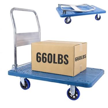 Imagem de Doppy Carrinho De Plataforma Doppy, Alta Capacidade Para Serviço Pesado 660 Libras, Mão Com Rodas Giratórias 360 Graus, Empurrar Dobrável Carregamento E Armazenamento, Armazém (Azul)