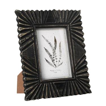 Imagem de EDZZEL Porta-retrato feito à mão em madeira Sunburst, 10 x 15 cm, moldura decorativa preta e dourada para decoração de mesa, design floral esculpido rústico, decoração indiana artesanal, presente