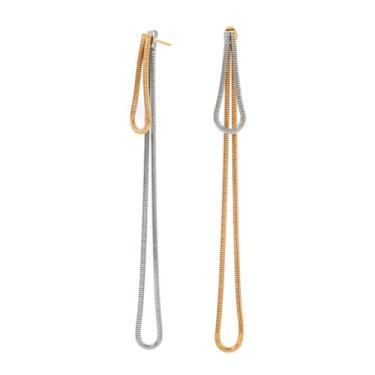 Imagem de Brincos femininos com pingente de corrente longa de dois tons, banhado a ouro 18 K, joia personalizada, hipoalergênica, leve, presente de festa de aniversário para ela, 105mm, Metal, Sem pedra