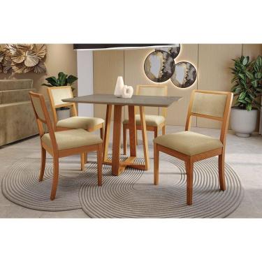 Imagem de Sala Jantar Mesa Elma Premium Madeira Maciça c/ Tampo Madeirado c/ Vidro 120x80cm e 4 Cadeiras Alice Carvalho/Freijo Bronze - Boucle Bege - Kappesberg