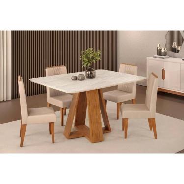 Imagem de Conjunto: Mesa Sala Jantar Celeste c/ Tampo Madeirado Curvo 120x90cm e 4 Cadeiras Lia Freijo/Quartzo - Suede Kraft - DJ Móveis